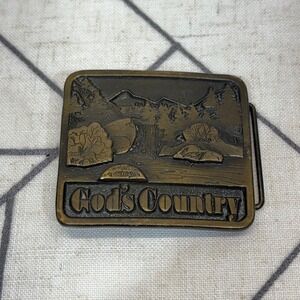 Aj Dezy Denvi Belt Buckle Brass God's Country Vtg 1976 Mountain Waterfall Relief
